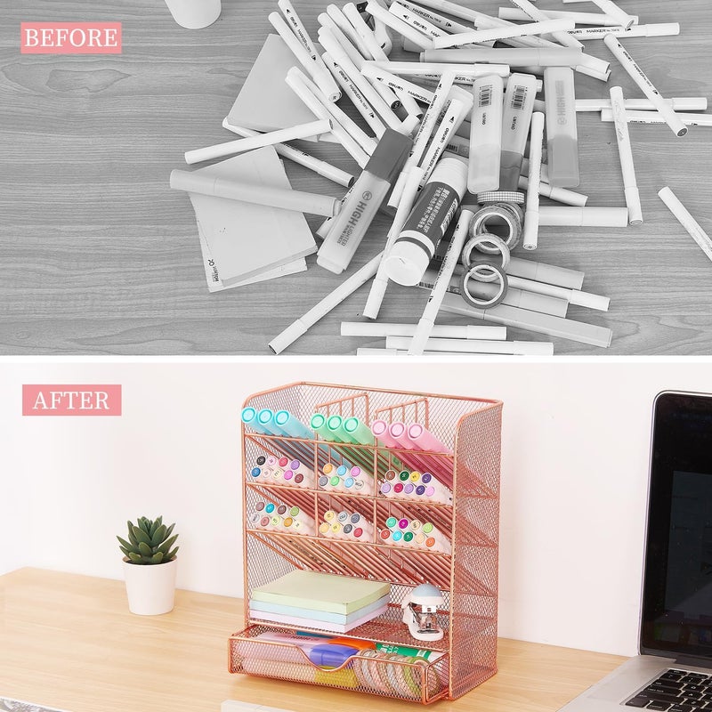 Spacrea Pen Holder Desk Organizer - Desk Organizers and Accessories, Pencil Holder with 10 Compartments and 1 Drawer（Rose Gold） - Image 2